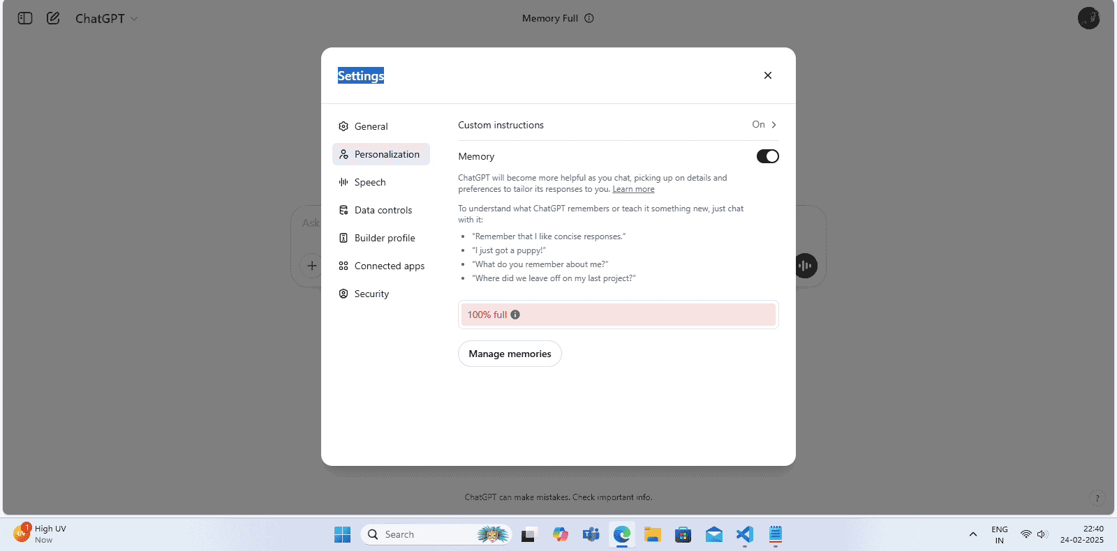 image of chatgpt memory setting